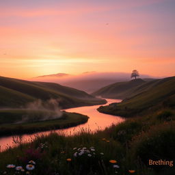 A beautiful landscape at sunrise, featuring rolling hills and a calm river flowing through the valley