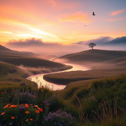 A beautiful landscape at sunrise, featuring rolling hills and a calm river flowing through the valley