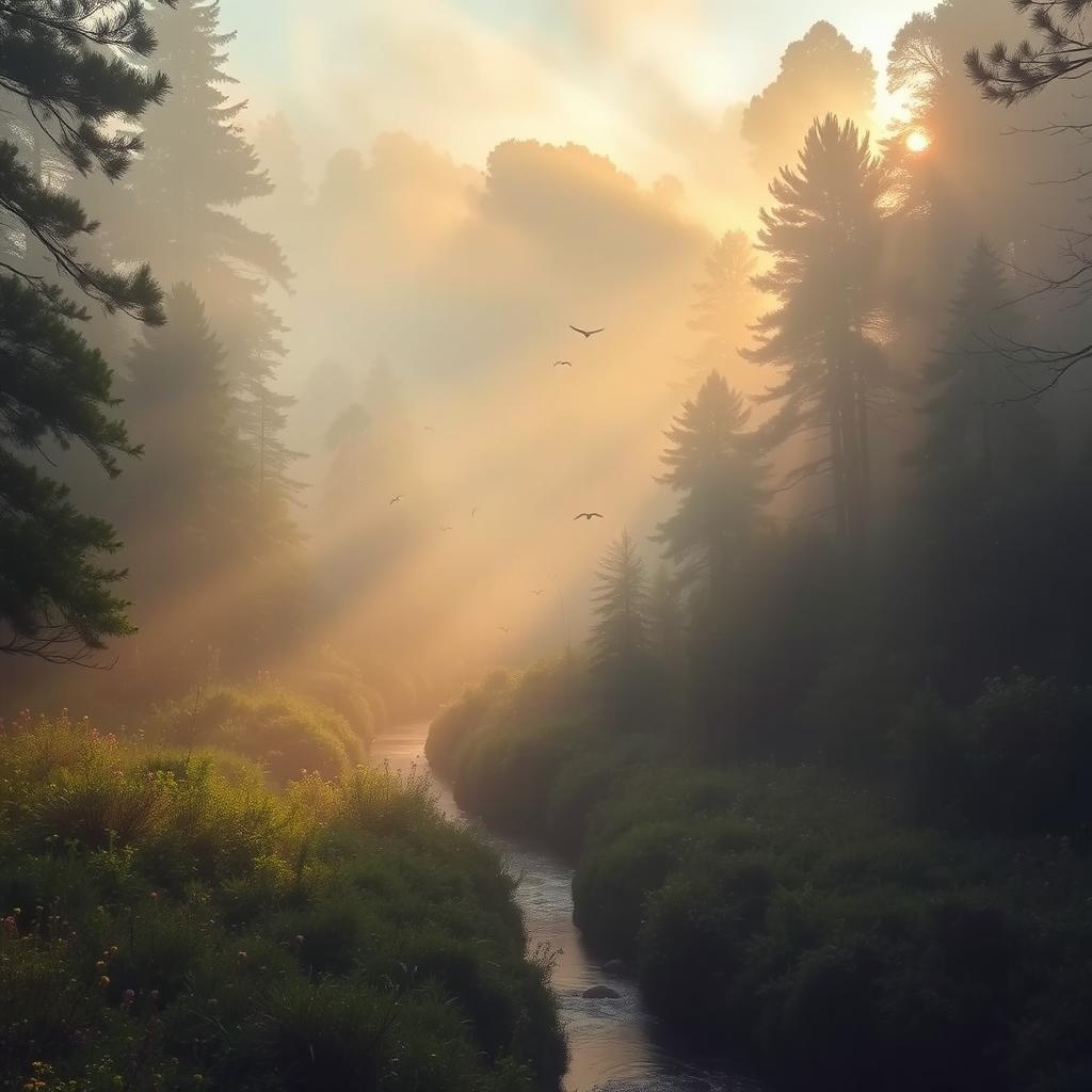 A stunning landscape of a foggy forest in the early morning, where sunshine gently pierces through the dense trees creating beautiful golden rays amidst the mist