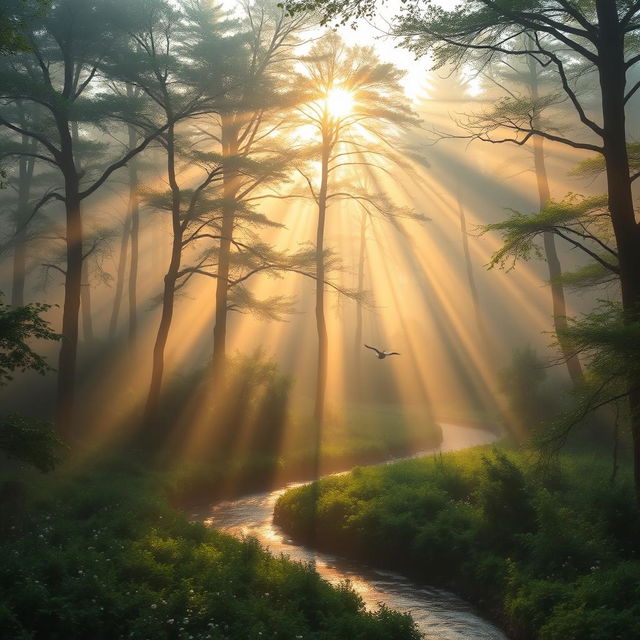 A stunning landscape of a foggy forest in the early morning, where sunshine gently pierces through the dense trees creating beautiful golden rays amidst the mist