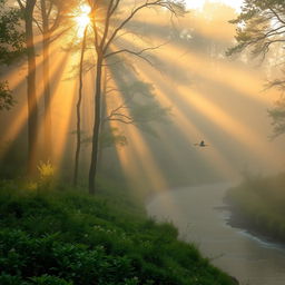 A stunning landscape of a foggy forest in the early morning, where sunshine gently pierces through the dense trees creating beautiful golden rays amidst the mist