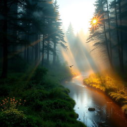 A stunning landscape of a foggy forest in the early morning, where sunshine gently pierces through the dense trees creating beautiful golden rays amidst the mist