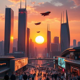 A futuristic cityscape at sunset, featuring towering skyscrapers with neon lights, flying cars zooming through the sky, and people walking on elevated walkways