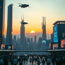 A futuristic cityscape at sunset, featuring towering skyscrapers with neon lights, flying cars zooming through the sky, and people walking on elevated walkways