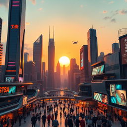 A futuristic cityscape at sunset, featuring towering skyscrapers with neon lights, flying cars zooming through the sky, and people walking on elevated walkways