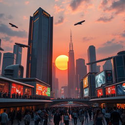 A futuristic cityscape at sunset, featuring towering skyscrapers with neon lights, flying cars zooming through the sky, and people walking on elevated walkways