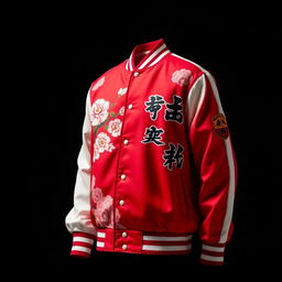 A Japanese-themed varsity jacket with vibrant red as the primary color