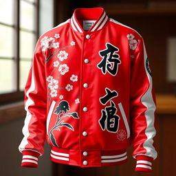 A Japanese-themed varsity jacket with vibrant red as the primary color