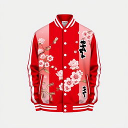 A Japanese-themed varsity jacket with vibrant red as the primary color