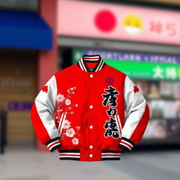 A Japanese-themed varsity jacket with vibrant red as the primary color