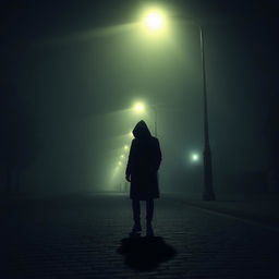 A mysterious person silhouetted under a streetlight on a foggy night