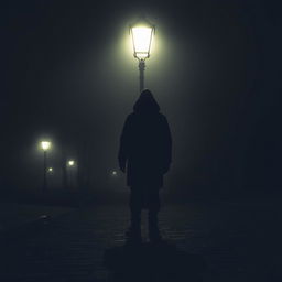 A mysterious person silhouetted under a streetlight on a foggy night