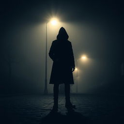 A mysterious person silhouetted under a streetlight on a foggy night