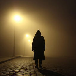 A mysterious person silhouetted under a streetlight on a foggy night