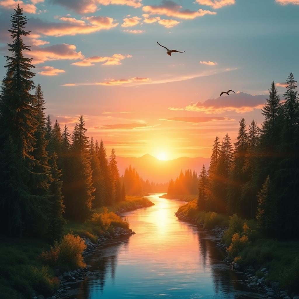 A beautiful landscape showcasing a serene river meandering through a dense forest at sunrise