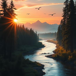 A beautiful landscape showcasing a serene river meandering through a dense forest at sunrise