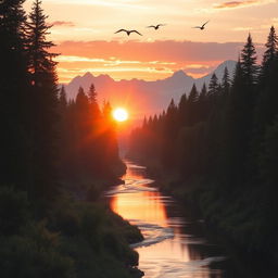 A beautiful landscape showcasing a serene river meandering through a dense forest at sunrise