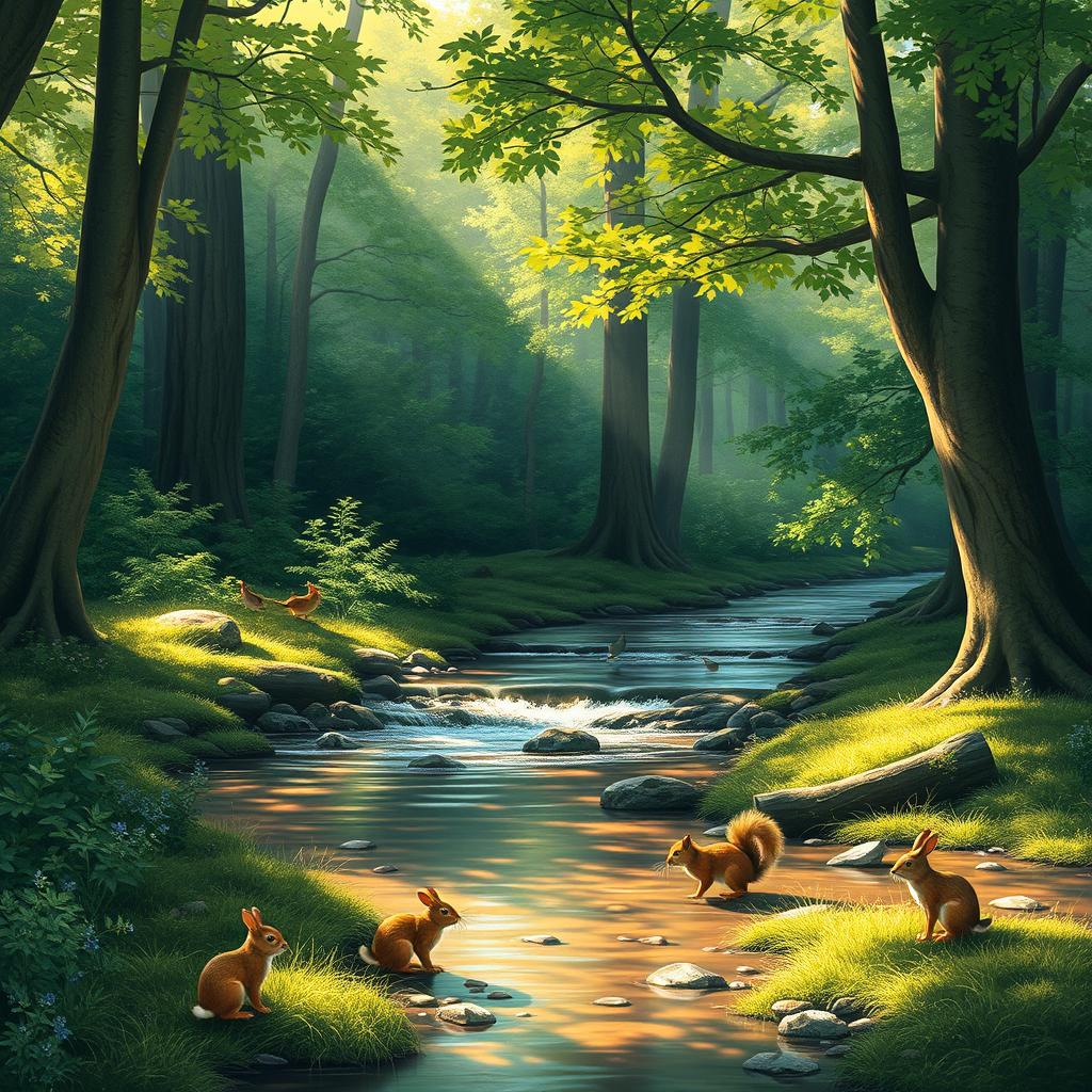 A serene woodland scene, featuring a gentle stream flowing through lush trees