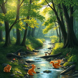 A serene woodland scene, featuring a gentle stream flowing through lush trees