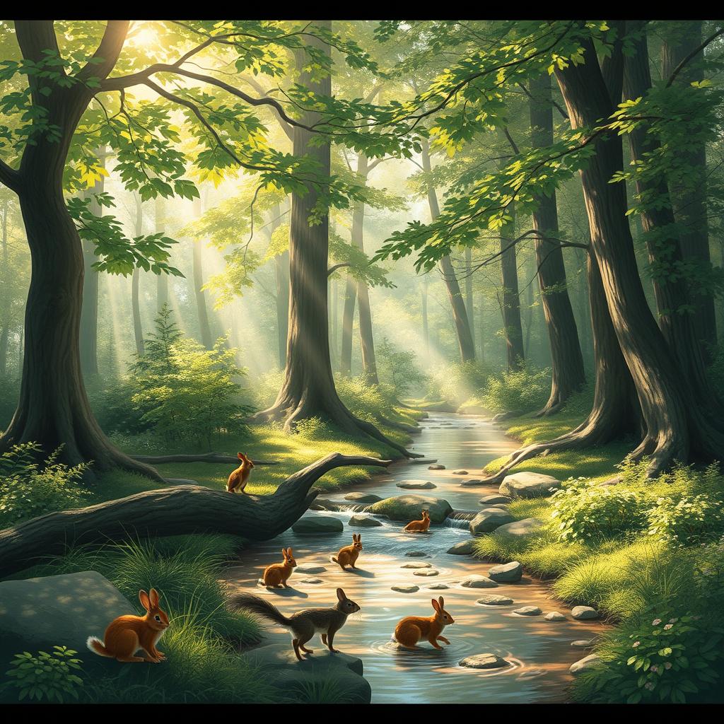 A serene woodland scene, featuring a gentle stream flowing through lush trees