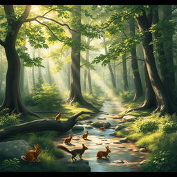 A serene woodland scene, featuring a gentle stream flowing through lush trees