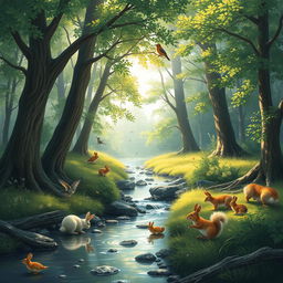 A serene woodland scene, featuring a gentle stream flowing through lush trees