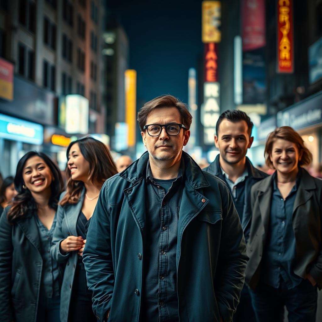 Film cover photo featuring a man in a stylish jacket and glasses standing at the center