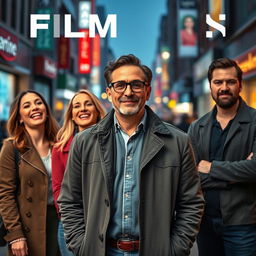 Film cover photo featuring a man in a stylish jacket and glasses standing at the center