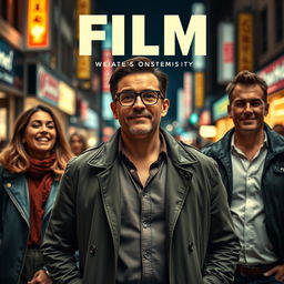 Film cover photo featuring a man in a stylish jacket and glasses standing at the center