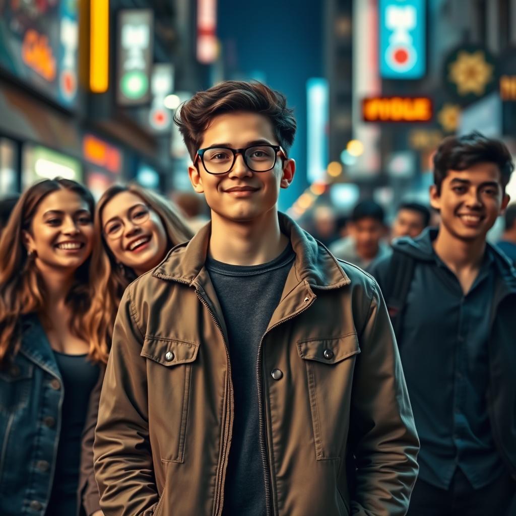 Film cover photo featuring a young man wearing a stylish jacket and glasses standing at the center