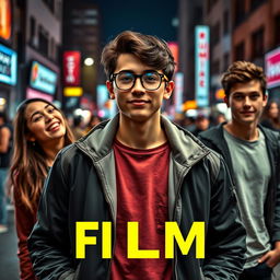 Film cover photo featuring a young man wearing a stylish jacket and glasses standing at the center