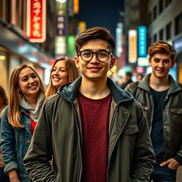 Film cover photo featuring a young man wearing a stylish jacket and glasses standing at the center