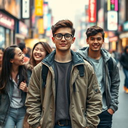 Film cover photo featuring a young man wearing a stylish jacket and glasses standing at the center