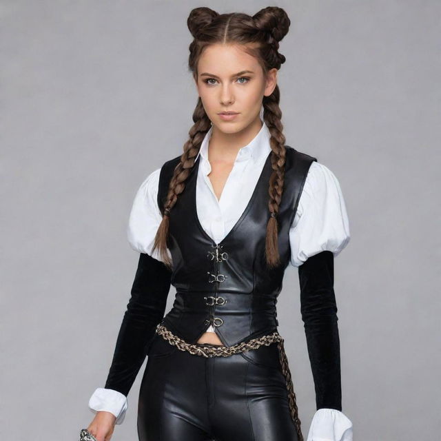 An 18-year-old tan-skinned girl with her brown hair creatively braided into horns. She's wearing black leather pants, a white doublet, a black velvet vest, and has a sword strapped to her hip.