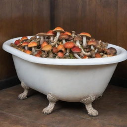 An antique claw foot bathtub, filled with contrasting, vibrantly colored mushrooms of various sizes and species.
