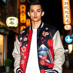 A stylish Japanese-themed varsity jacket, featuring intricate embroidery of cherry blossoms and traditional Japanese motifs like koi fish and Mt