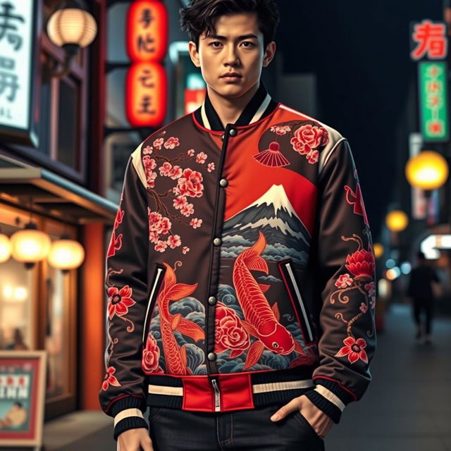 A stylish Japanese-themed varsity jacket, featuring intricate embroidery of cherry blossoms and traditional Japanese motifs like koi fish and Mt