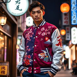 A stylish Japanese-themed varsity jacket, featuring intricate embroidery of cherry blossoms and traditional Japanese motifs like koi fish and Mt