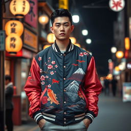 A stylish Japanese-themed varsity jacket, featuring intricate embroidery of cherry blossoms and traditional Japanese motifs like koi fish and Mt