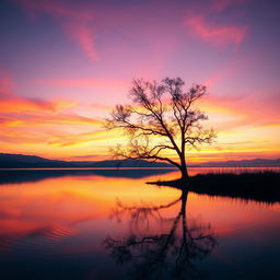 A dreamy and serene landscape of a sunset over a calm lake, with the sky painted in shades of orange, pink, and purple