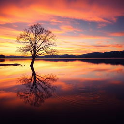 A dreamy and serene landscape of a sunset over a calm lake, with the sky painted in shades of orange, pink, and purple