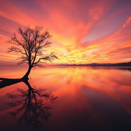 A dreamy and serene landscape of a sunset over a calm lake, with the sky painted in shades of orange, pink, and purple