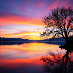 A dreamy and serene landscape of a sunset over a calm lake, with the sky painted in shades of orange, pink, and purple