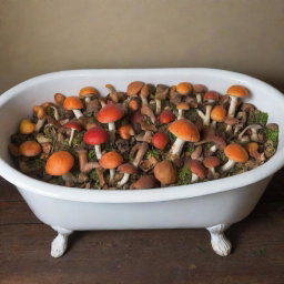 An antique claw foot bathtub, filled with contrasting, vibrantly colored mushrooms of various sizes and species.