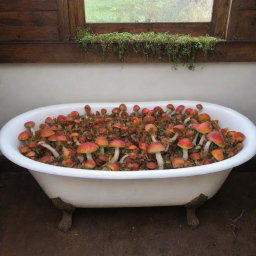 An antique claw foot bathtub, filled with contrasting, vibrantly colored mushrooms of various sizes and species.