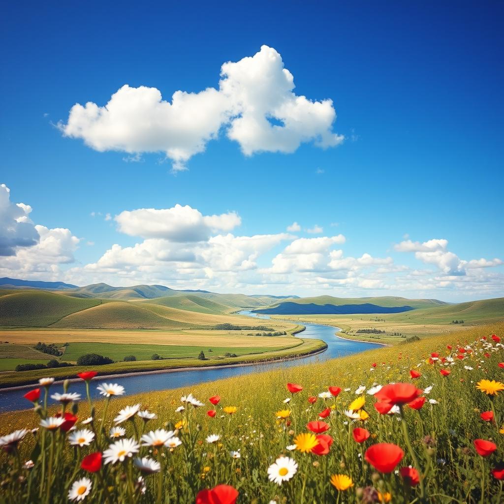 A beautiful landscape featuring rolling hills under a bright blue sky with fluffy white clouds