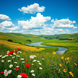 A beautiful landscape featuring rolling hills under a bright blue sky with fluffy white clouds