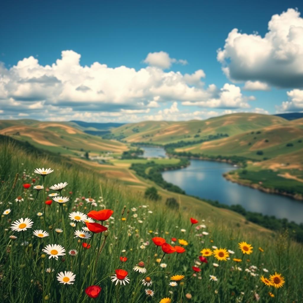 A beautiful landscape featuring rolling hills under a bright blue sky with fluffy white clouds