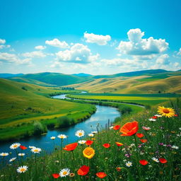 A beautiful landscape featuring rolling hills under a bright blue sky with fluffy white clouds