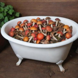 An antique claw foot bathtub, filled with contrasting, vibrantly colored mushrooms of various sizes and species.